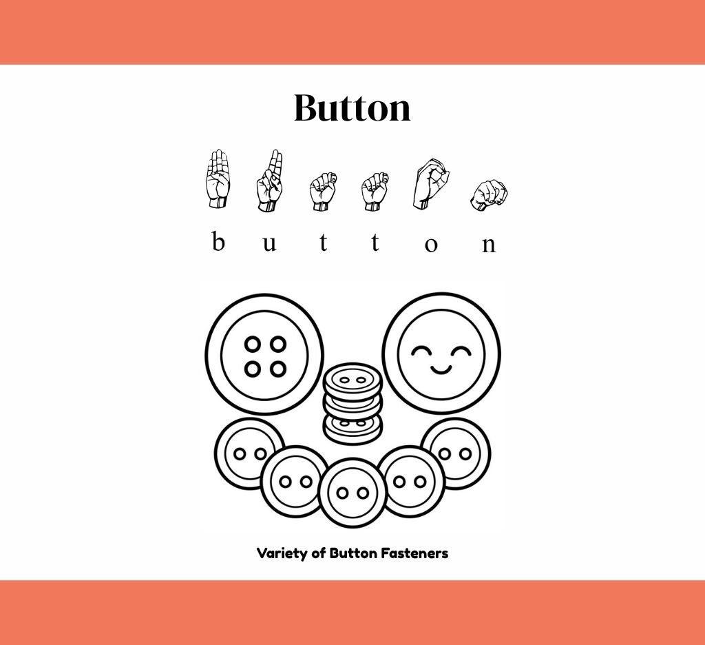 A Fasteners 101 ASL edition page for the word button, with the ASL letters