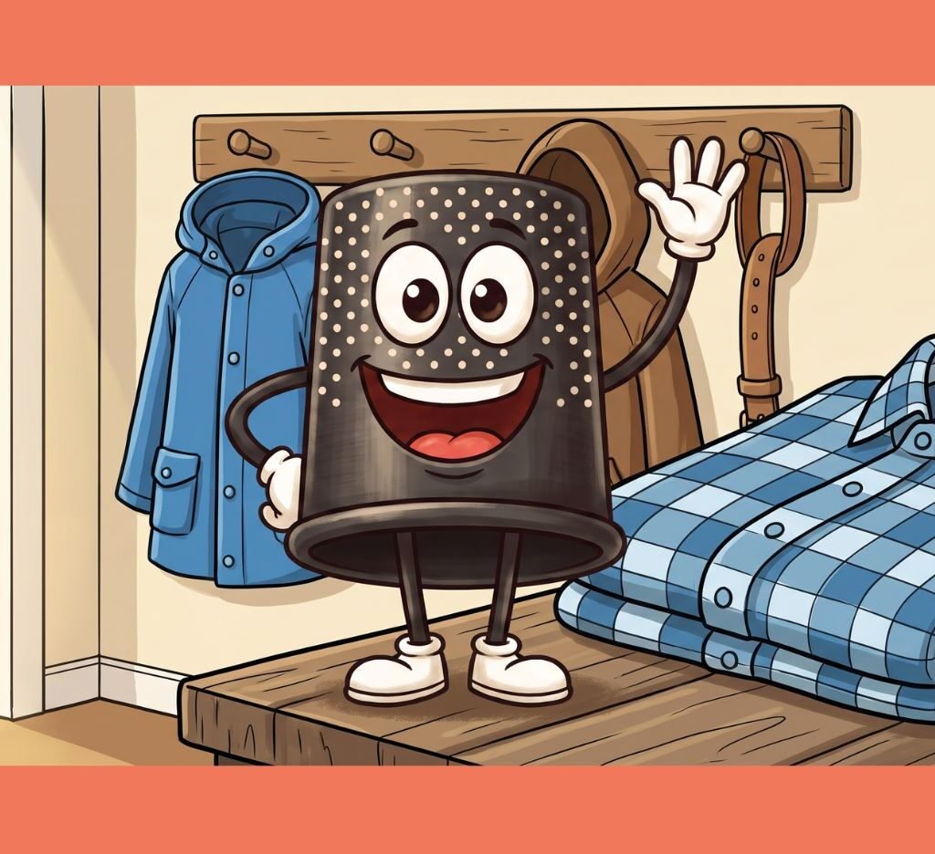 Thimby the thimble, the Stitches & Scribbles guide, waving beside folded clothes