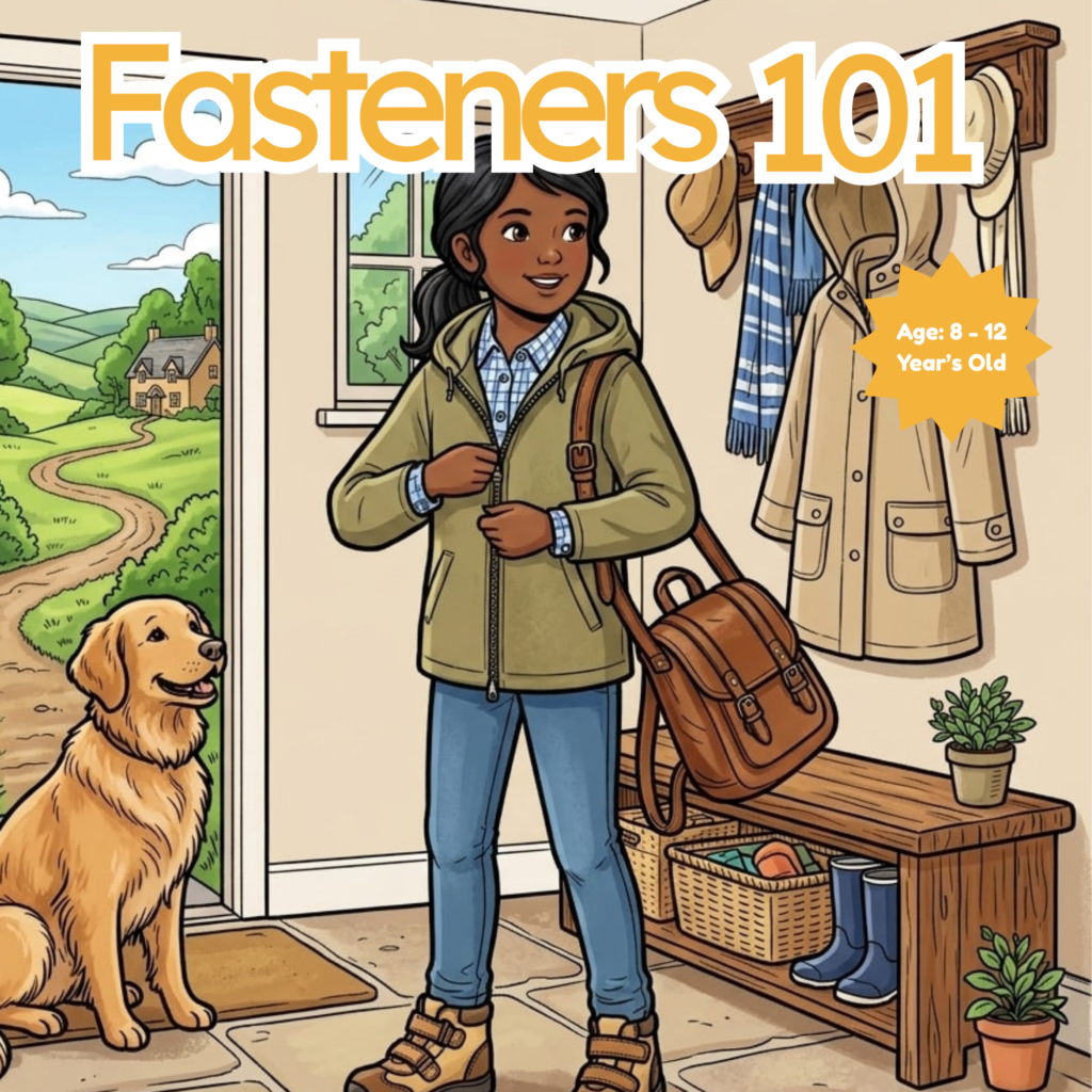 Etsy listing cover for Fasteners 101, ages 8 to 12, showing Nia zipping her coat with her dog Biscuit.