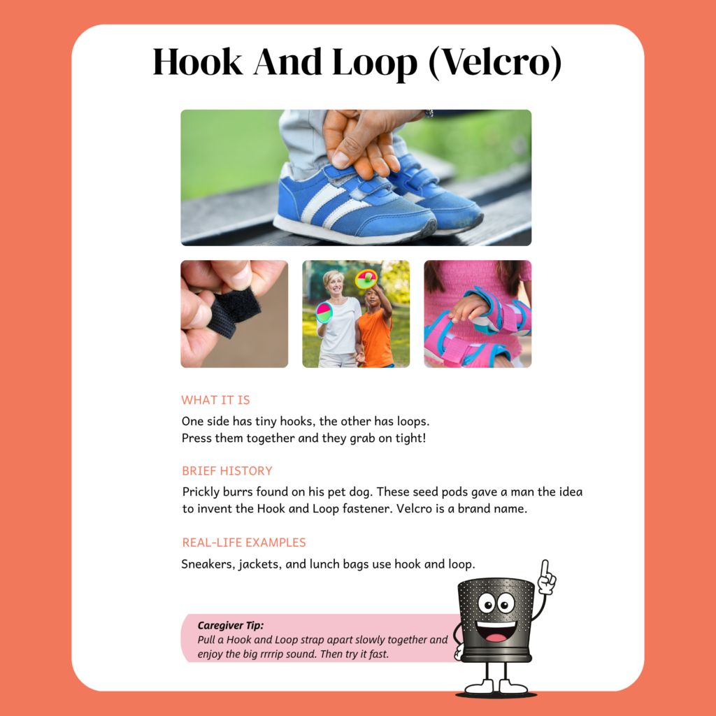 Fasteners 101 learning page for ages 5 to 8 about hook and loop fasteners, with real photos, short sentences and a caregiver tip from Thimby.
