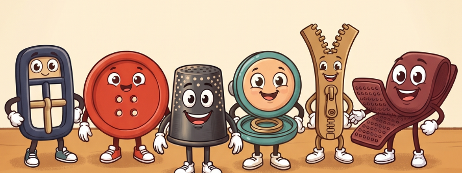 The fastener crew from the Stitches & Scribbles YouTube banner, left to right: Buck the Buckle, Bo the Button, Thimby the Thimble, Snappy the Snap, Ziggy the Zipper and Rip the Hook-and-Loop.