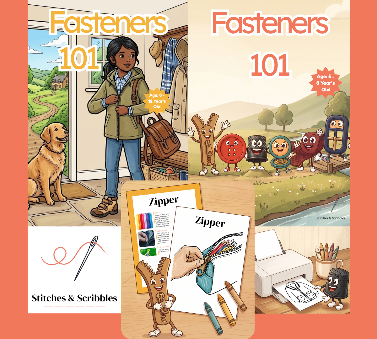 Stitches & Scribbles collage: the Fasteners 101 covers for ages 8 to 12 and 5 to 8, the logo, a zipper learning page with its coloring page, and Thimby printing a coloring page.