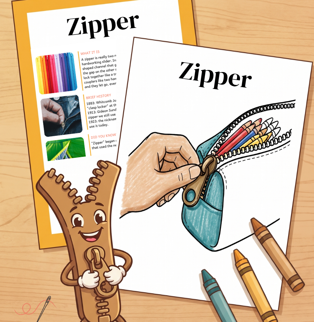 Pinterest pin showing a zipper learning page and coloring page from Fasteners 101 for ages 8 to 12, with Ziggy the Zipper.